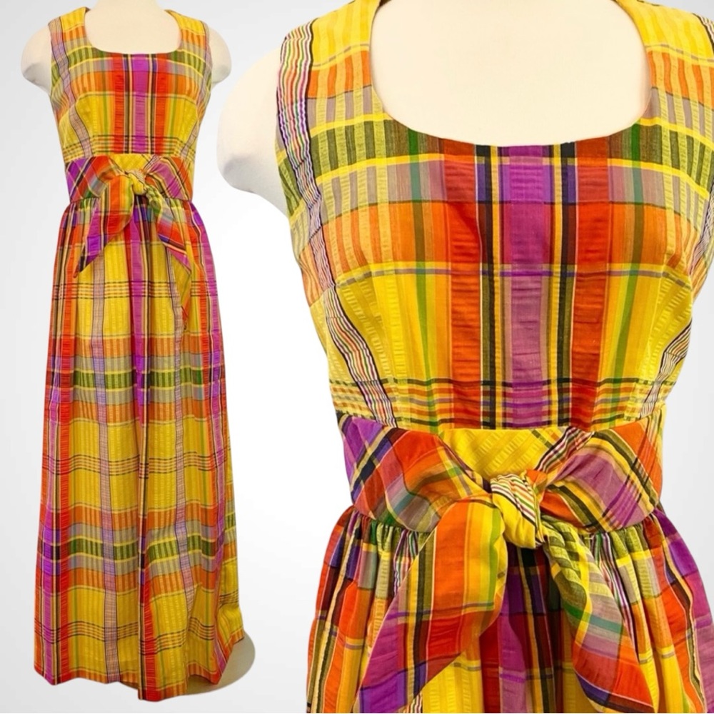 Vintage SWIRL Concept 70s Yellow Orange Madras Plaid Maxi Gown Long Column Dress - Picture 1 of 12